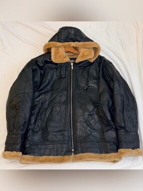 Vintage Authentic Black 100% Leather Vilanto Retro Shearling Biker Bomber Jacket
